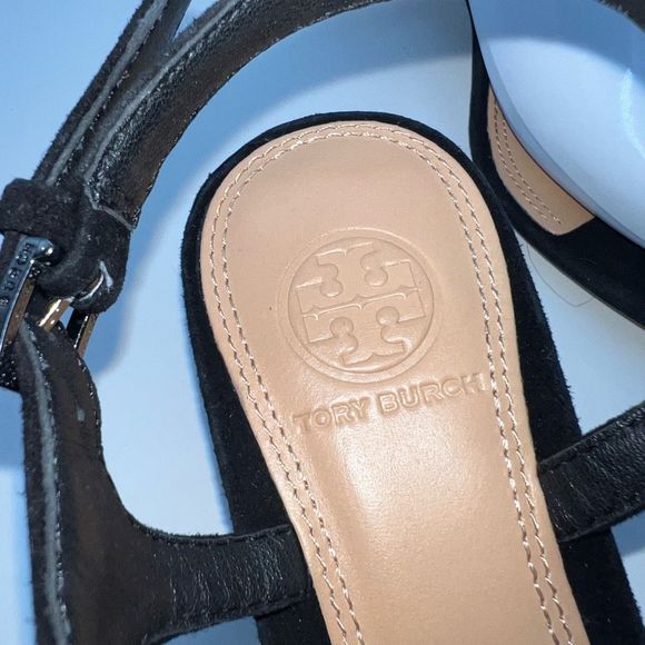 Tory Burch Suede T Strap Rhinestone Logo Sandals - Picture 9 of 15